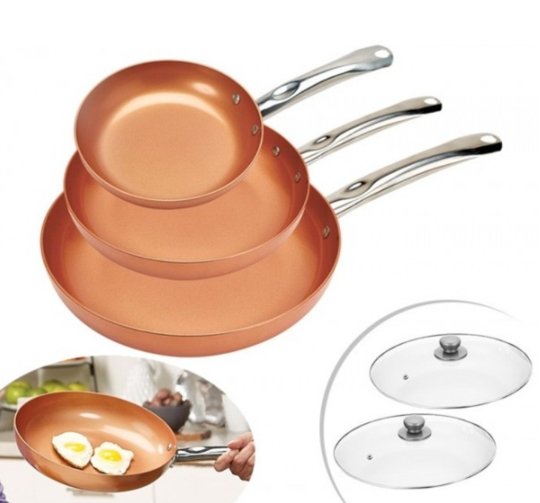 SET 3 SARTENES ANTIADHERENTES DE COBRE + 2 TAPAS DE CRISTAL 🎁