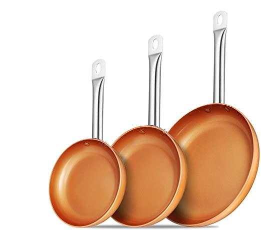 SET 3 SARTENES ANTIADHERENTES DE COBRE + 2 TAPAS DE CRISTAL 🎁